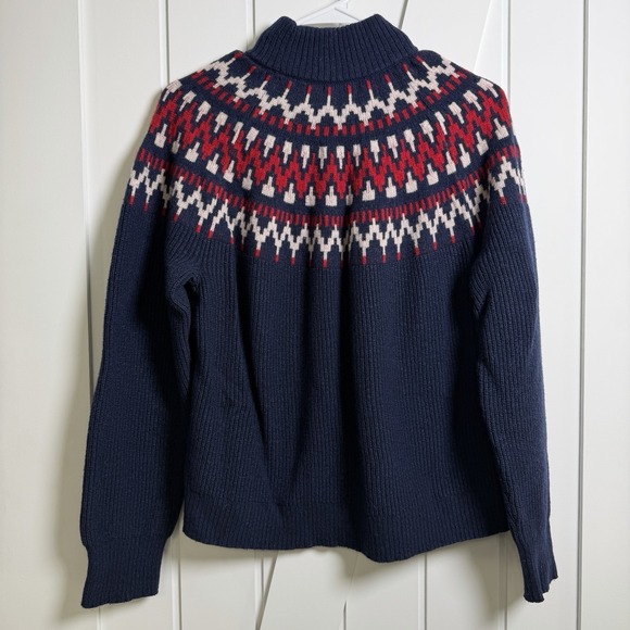 J.Crew Fair Isle Nordic Wool Blend Ski Sweater Navy Red White Size Large Cozy - Picture 5 of 7